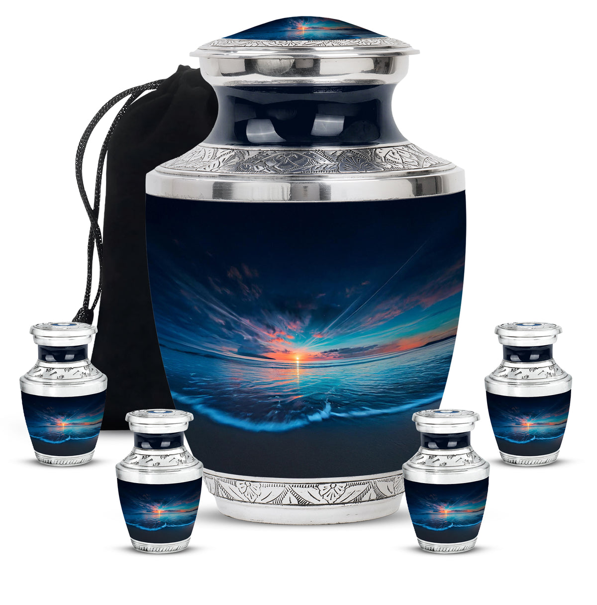 Cobalt Blue Beach Cremation Urn lifestyle display on memorial shelf - artistic beach interpretation with creative detail - memorial set with one large and four small urns