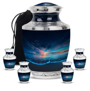 Cobalt Blue Beach Cremation Urn lifestyle display on memorial shelf - artistic beach interpretation with creative detail - memorial set with one large and four small urns