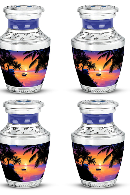 Dusty Pink Beach Cremation Urn back view with polished surface - stylized abstract beach pattern with bold lines - 10 inch aluminum urn for cremated remains