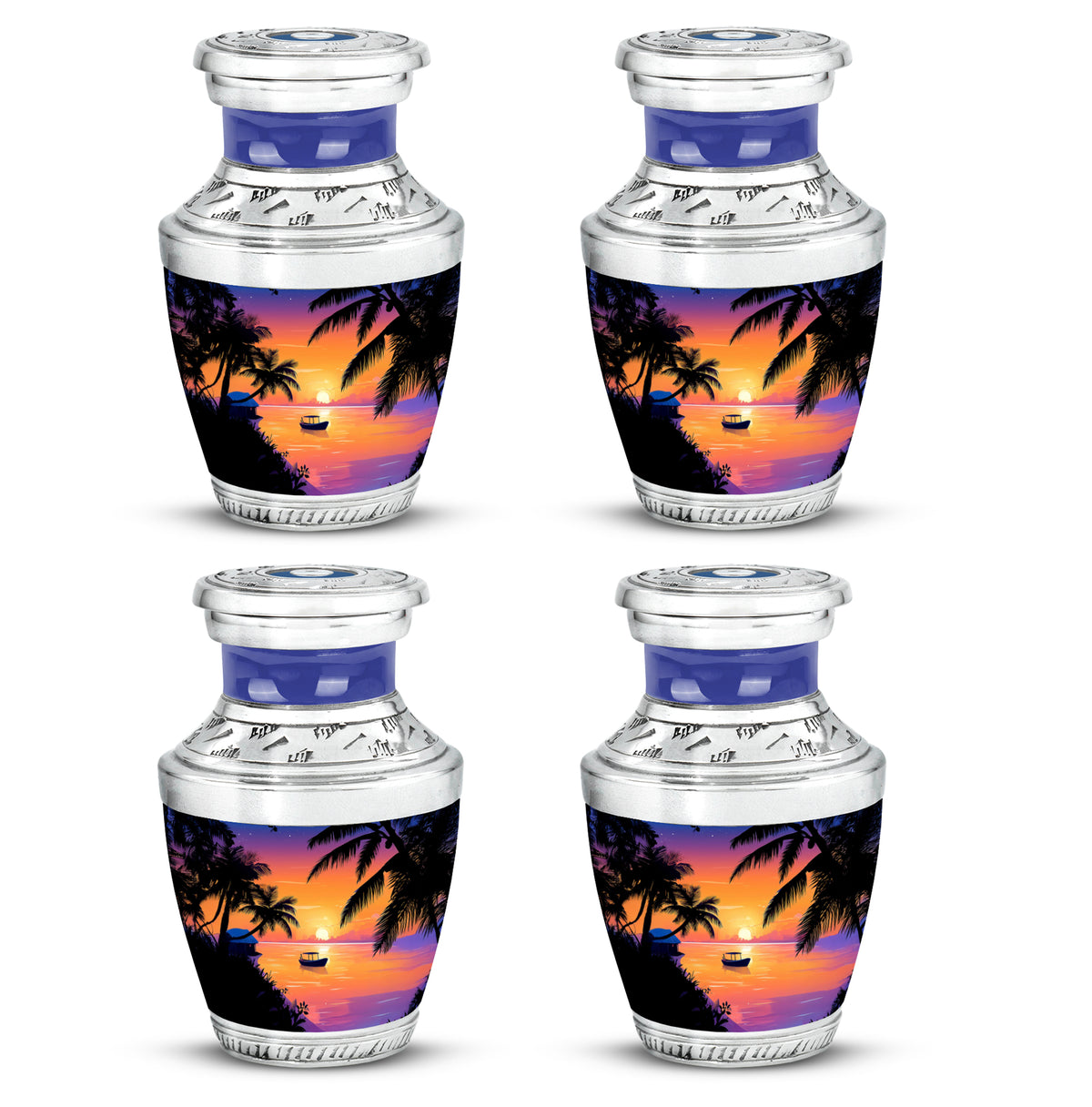 Dusty Pink Beach Cremation Urn back view with polished surface - stylized abstract beach pattern with bold lines - 10 inch aluminum urn for cremated remains