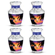 Dusty Pink Beach Cremation Urn back view with polished surface - stylized abstract beach pattern with bold lines - 10 inch aluminum urn for cremated remains