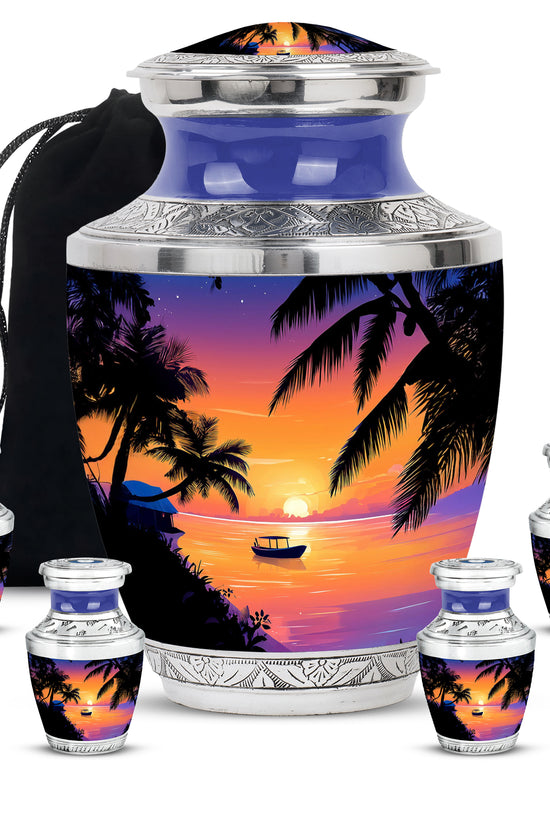 Dusty Pink Beach Cremation Urn lifestyle display on memorial shelf - artistic beach interpretation with creative detail - memorial set with one large and four small urns