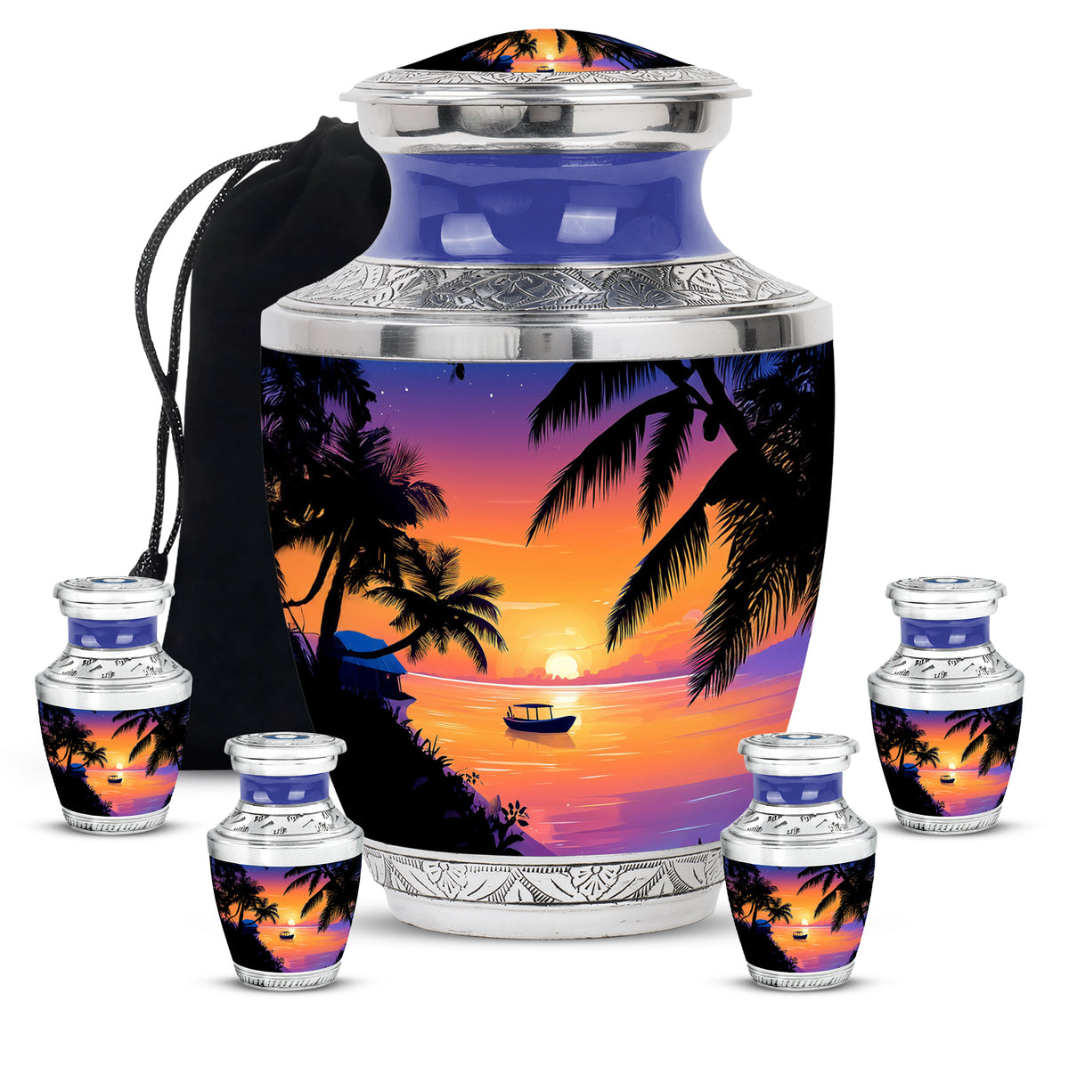 Dusty Pink Beach Cremation Urn lifestyle display on memorial shelf - artistic beach interpretation with creative detail - memorial set with one large and four small urns