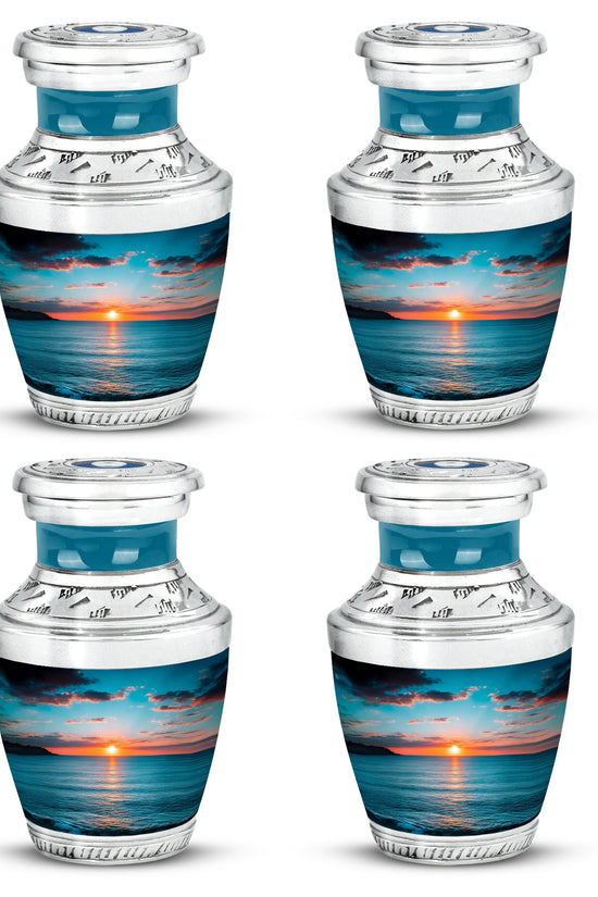 Vivid Teal Beach Cremation Urn back view with polished surface - artistic beach interpretation with creative detail - 10 inch aluminum urn for cremated remains