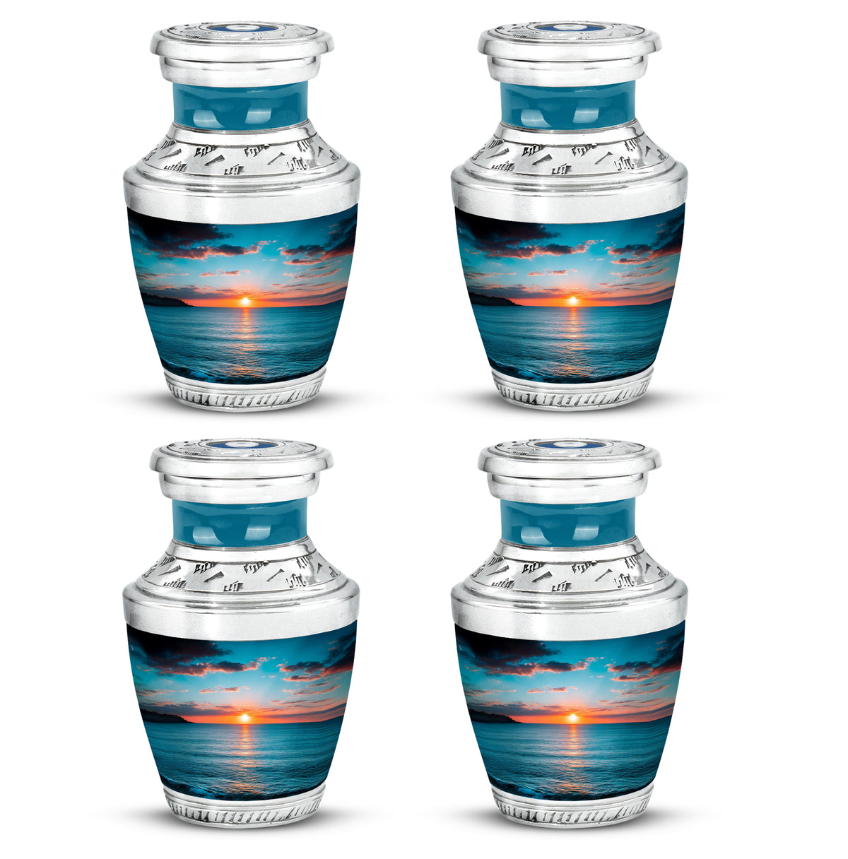 Vivid Teal Beach Cremation Urn back view with polished surface - artistic beach interpretation with creative detail - 10 inch aluminum urn for cremated remains