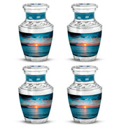 Vivid Teal Beach Cremation Urn back view with polished surface - artistic beach interpretation with creative detail - 10 inch aluminum urn for cremated remains