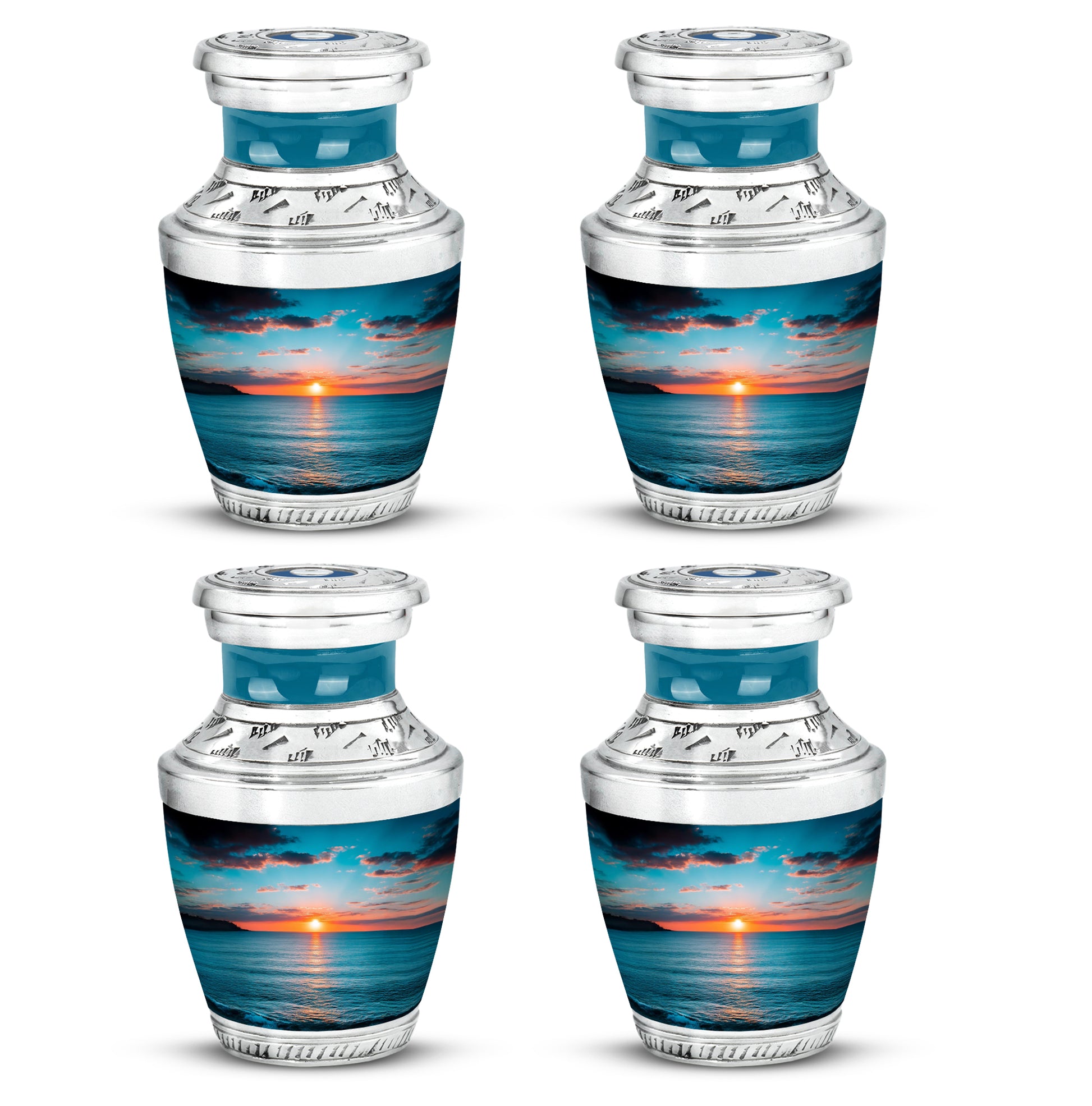 Vivid Teal Beach Cremation Urn back view with polished surface - artistic beach interpretation with creative detail - 10 inch aluminum urn for cremated remains