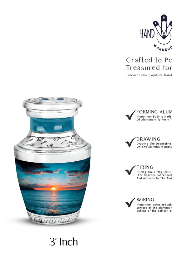 Jewel Teal Beach Cremation Urn top-down view of secure threaded lid - modern art-inspired beach motif on sleek aluminum - mini keepsake memorial for portion of cremation ashes