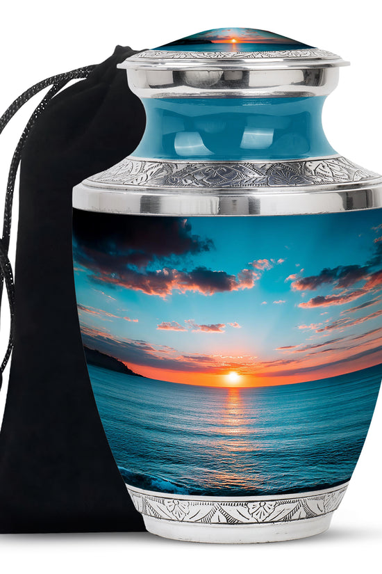 Aqua Teal Beach Cremation Urn side profile showing urn shape - stylized abstract beach pattern with bold lines - full-size 10 inch 200 cubic inch adult cremation urn
