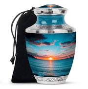 Aqua Teal Beach Cremation Urn side profile showing urn shape - stylized abstract beach pattern with bold lines - full-size 10 inch 200 cubic inch adult cremation urn