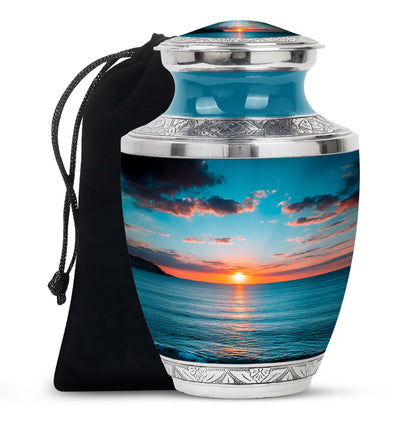 Aqua Teal Beach Cremation Urn side profile showing urn shape - stylized abstract beach pattern with bold lines - full-size 10 inch 200 cubic inch adult cremation urn