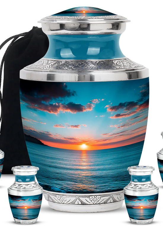 Sea Green Teal Beach Cremation Urn lifestyle display on memorial shelf - contemporary beach design with modern artistic flair - memorial set with one large and four small urns