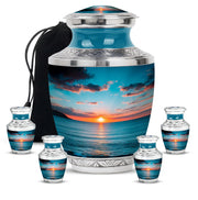 Sea Green Teal Beach Cremation Urn lifestyle display on memorial shelf - contemporary beach design with modern artistic flair - memorial set with one large and four small urns