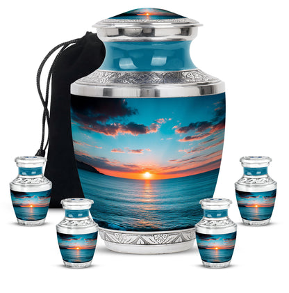 Sea Green Teal Beach Cremation Urn lifestyle display on memorial shelf - contemporary beach design with modern artistic flair - memorial set with one large and four small urns