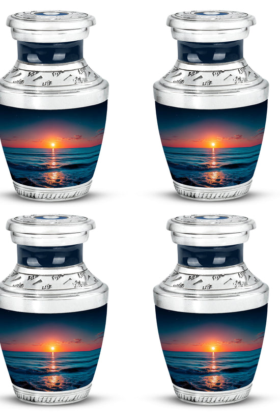 Serene Blue Beach Cremation Urn back view with polished surface - artistic beach interpretation with creative detail - 10 inch aluminum urn for cremated remains