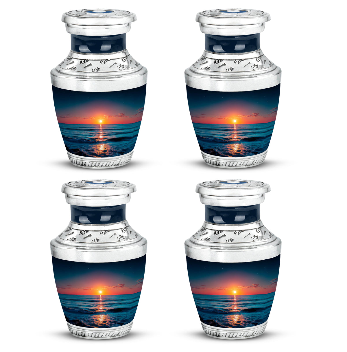 Serene Blue Beach Cremation Urn back view with polished surface - artistic beach interpretation with creative detail - 10 inch aluminum urn for cremated remains