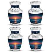 Serene Blue Beach Cremation Urn back view with polished surface - artistic beach interpretation with creative detail - 10 inch aluminum urn for cremated remains