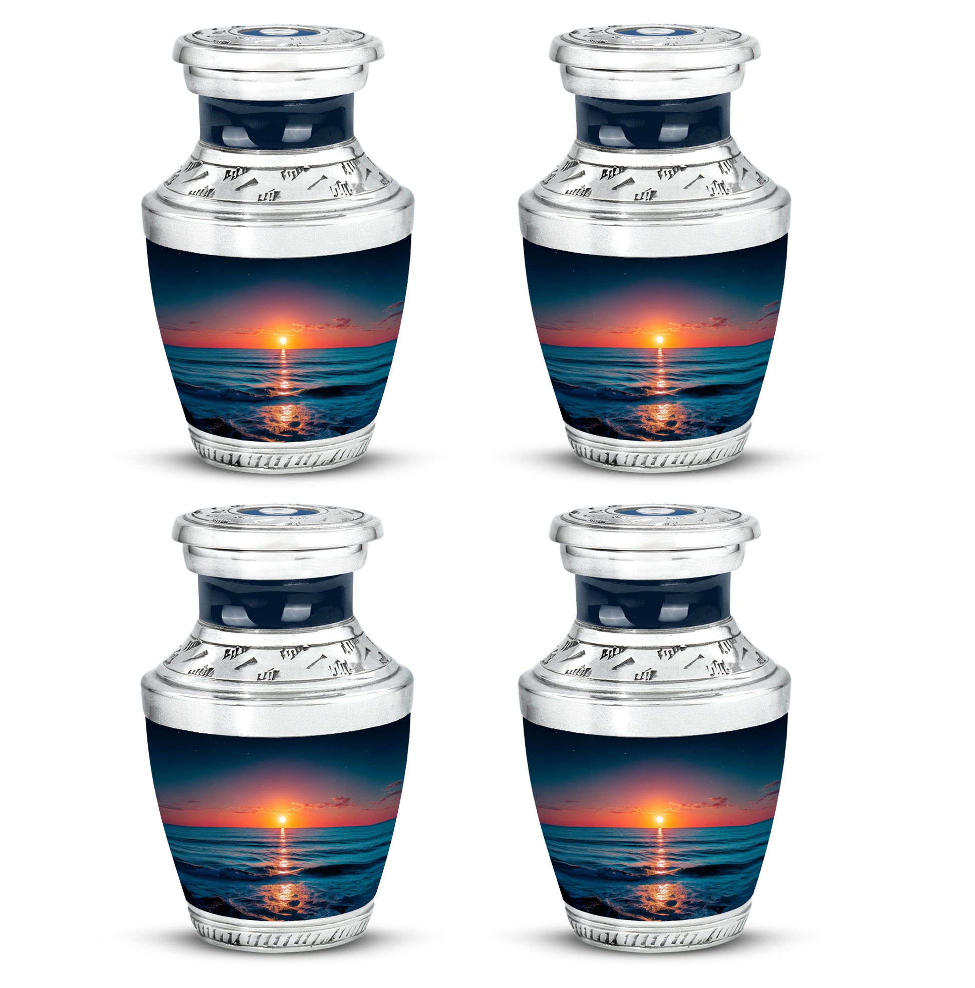 Serene Blue Beach Cremation Urn back view with polished surface - artistic beach interpretation with creative detail - 10 inch aluminum urn for cremated remains