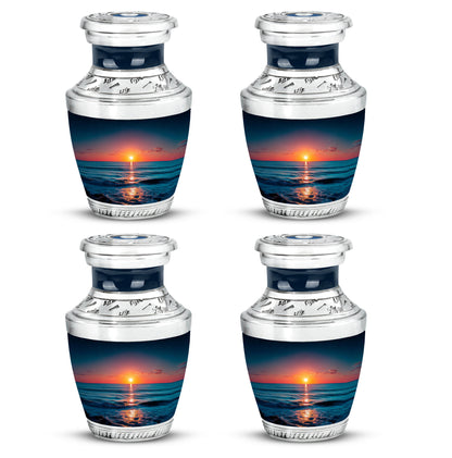 Serene Blue Beach Cremation Urn back view with polished surface - artistic beach interpretation with creative detail - 10 inch aluminum urn for cremated remains