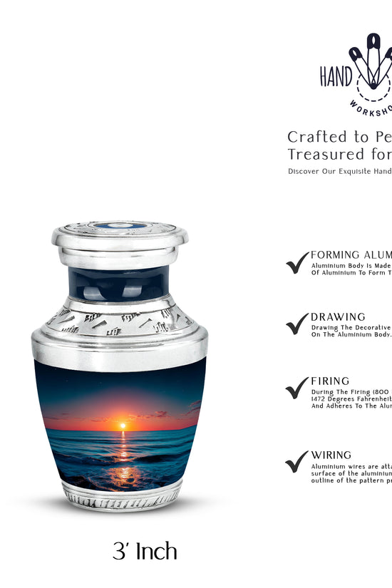 Bright Blue Beach Cremation Urn top-down view of secure threaded lid - stylized abstract beach pattern with bold lines - mini keepsake memorial for portion of cremation ashes
