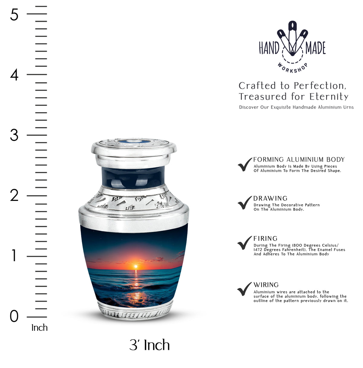 Bright Blue Beach Cremation Urn top-down view of secure threaded lid - stylized abstract beach pattern with bold lines - mini keepsake memorial for portion of cremation ashes