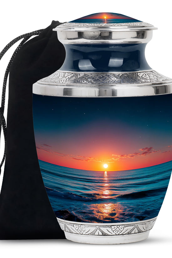 Twilight Blue Beach Cremation Urn side profile showing urn shape - stylized abstract beach pattern with bold lines - full-size 10 inch 200 cubic inch adult cremation urn