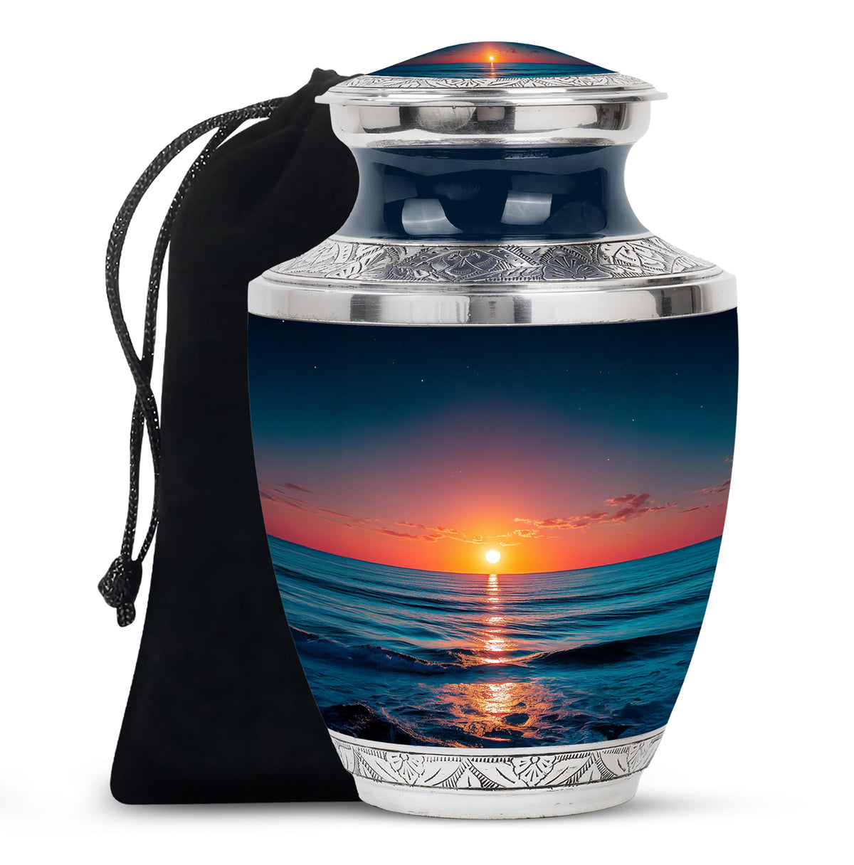 Twilight Blue Beach Cremation Urn side profile showing urn shape - stylized abstract beach pattern with bold lines - full-size 10 inch 200 cubic inch adult cremation urn