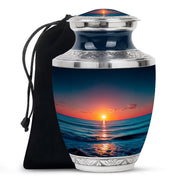 Twilight Blue Beach Cremation Urn side profile showing urn shape - stylized abstract beach pattern with bold lines - full-size 10 inch 200 cubic inch adult cremation urn