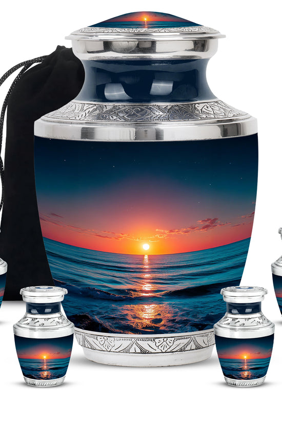 Slate Blue Beach Cremation Urn lifestyle display on memorial shelf - contemporary beach design with modern artistic flair - memorial set with one large and four small urns