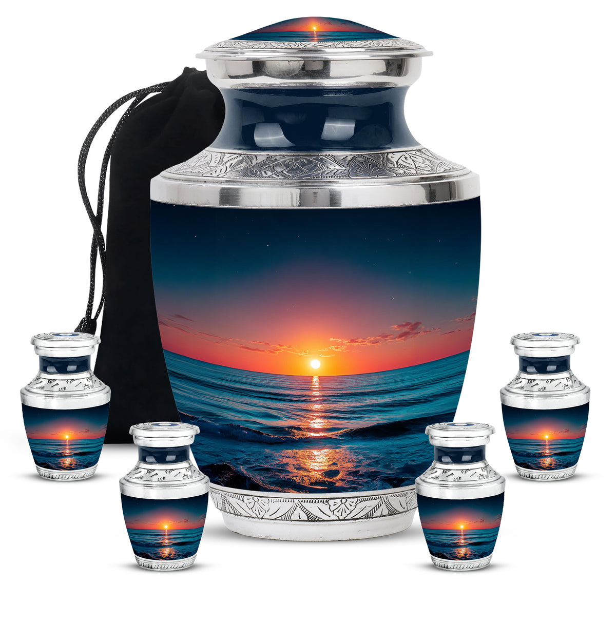 Slate Blue Beach Cremation Urn lifestyle display on memorial shelf - contemporary beach design with modern artistic flair - memorial set with one large and four small urns