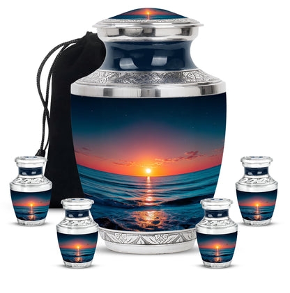 Slate Blue Beach Cremation Urn lifestyle display on memorial shelf - contemporary beach design with modern artistic flair - memorial set with one large and four small urns