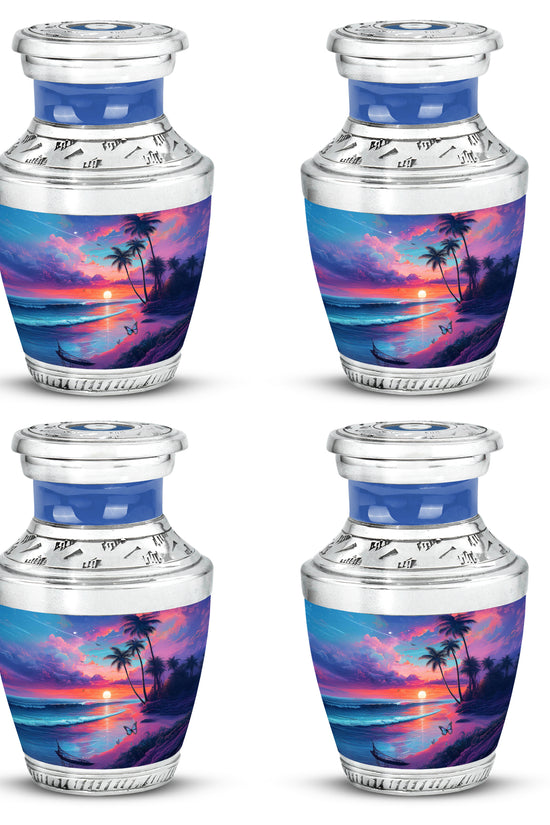 Navy Blue Beach Cremation Urn back view with polished surface - contemporary beach design with modern artistic flair - 10 inch aluminum urn for cremated remains