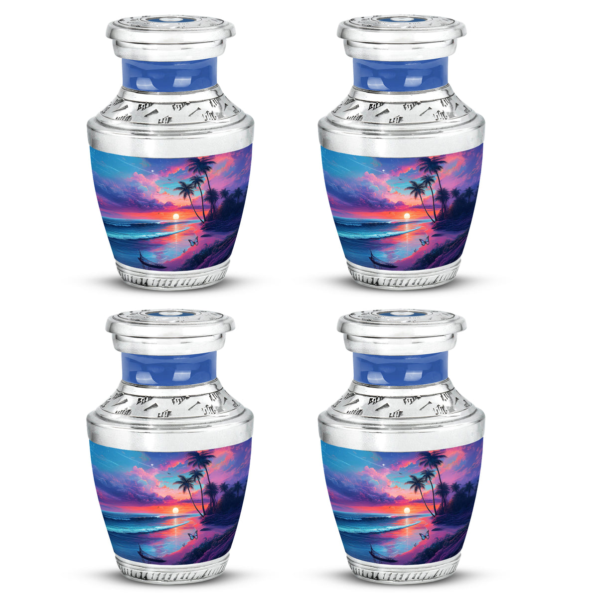 Navy Blue Beach Cremation Urn back view with polished surface - contemporary beach design with modern artistic flair - 10 inch aluminum urn for cremated remains