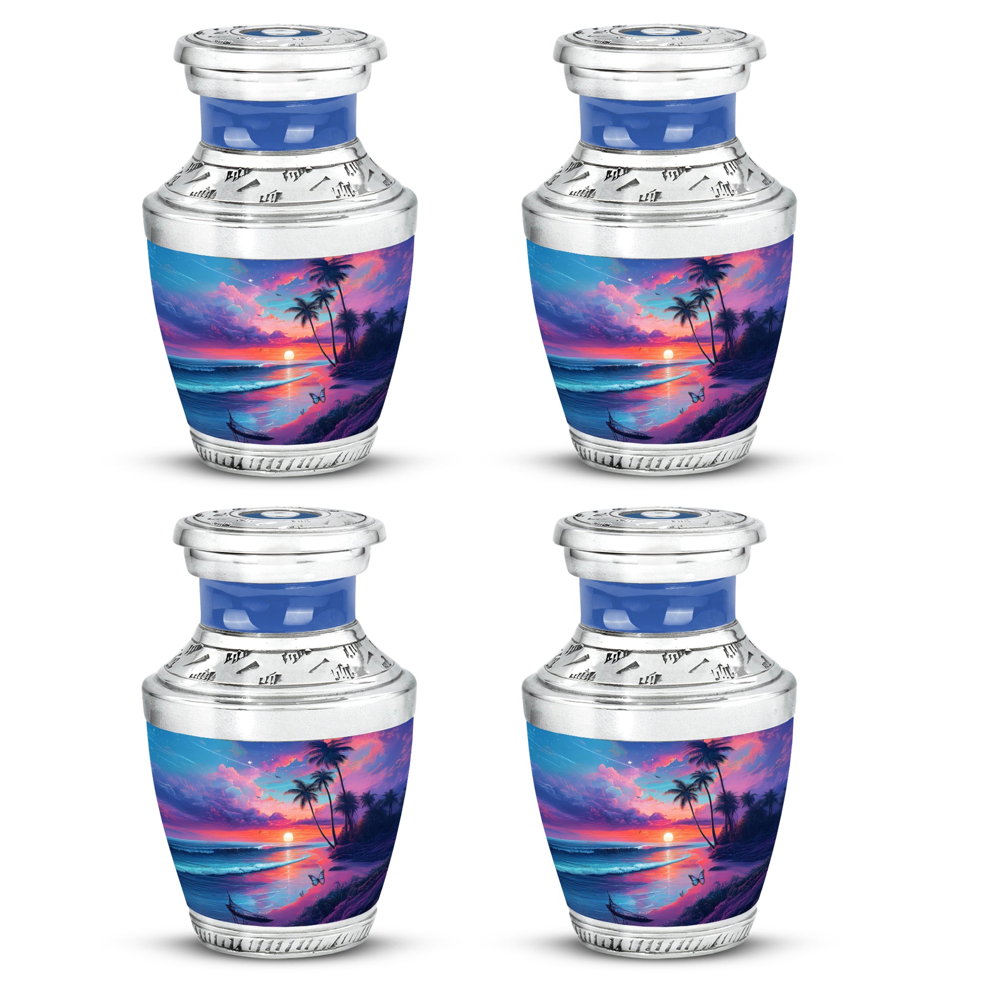Navy Blue Beach Cremation Urn back view with polished surface - contemporary beach design with modern artistic flair - 10 inch aluminum urn for cremated remains