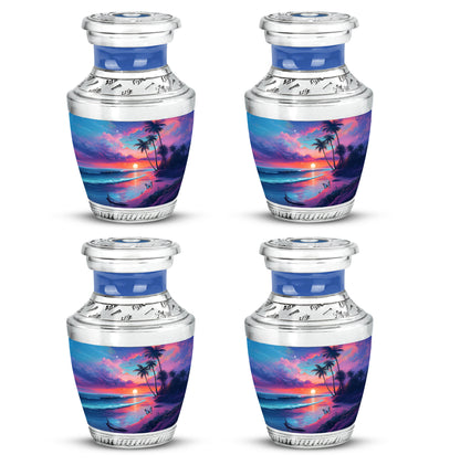 Navy Blue Beach Cremation Urn back view with polished surface - contemporary beach design with modern artistic flair - 10 inch aluminum urn for cremated remains