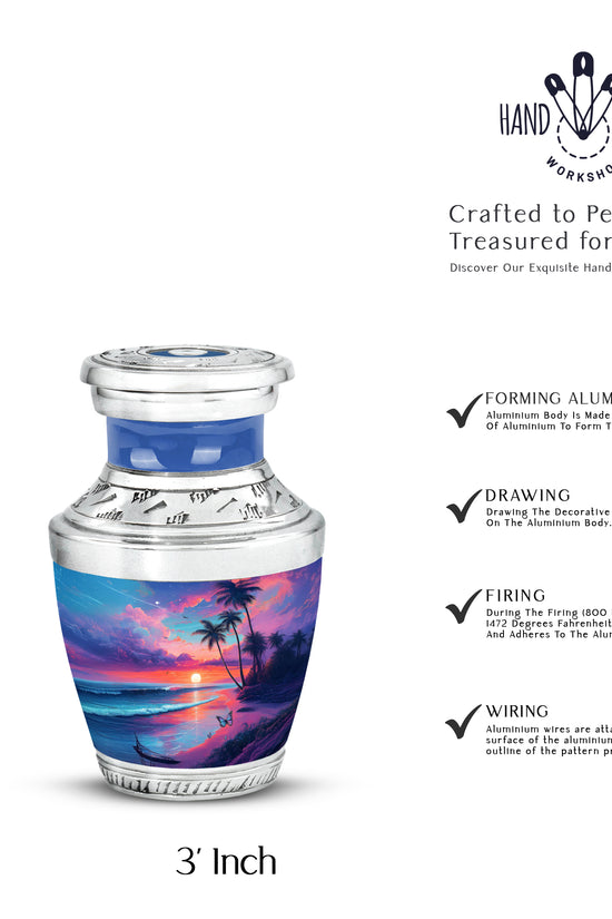 Vivid Blue Beach Cremation Urn top-down view of secure threaded lid - stylized abstract beach pattern with bold lines - mini keepsake memorial for portion of cremation ashes
