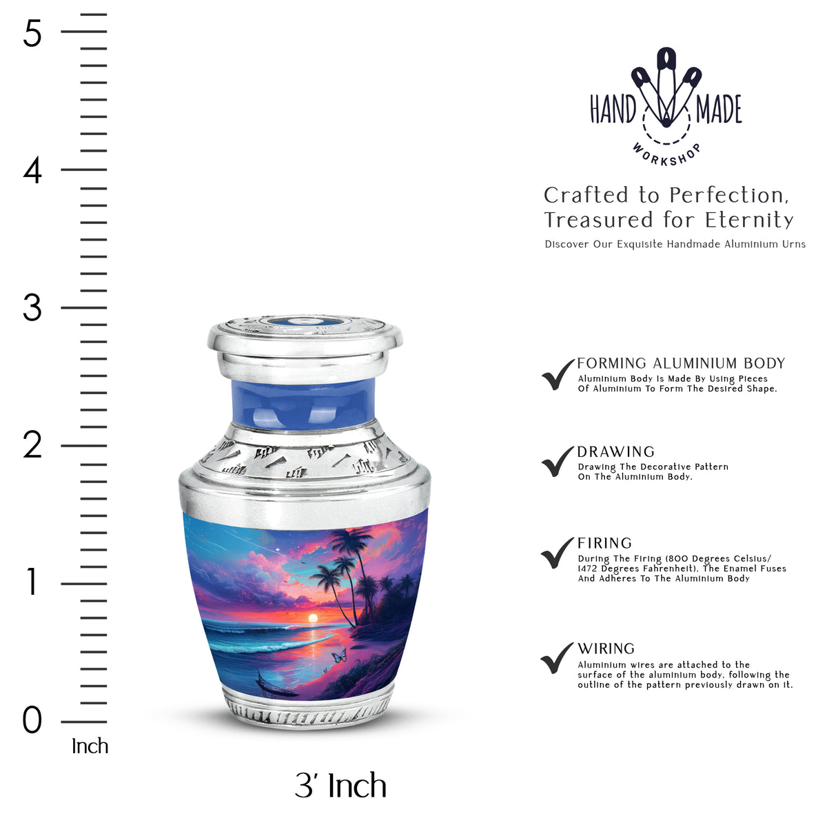 Vivid Blue Beach Cremation Urn top-down view of secure threaded lid - stylized abstract beach pattern with bold lines - mini keepsake memorial for portion of cremation ashes