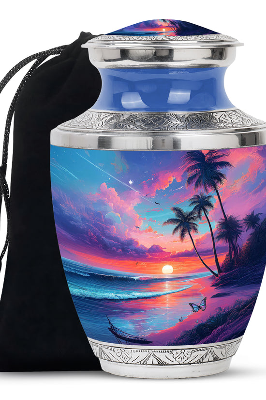 Pastel Blue Beach Cremation Urn side profile showing urn shape - contemporary beach design with modern artistic flair - full-size 10 inch 200 cubic inch adult cremation urn