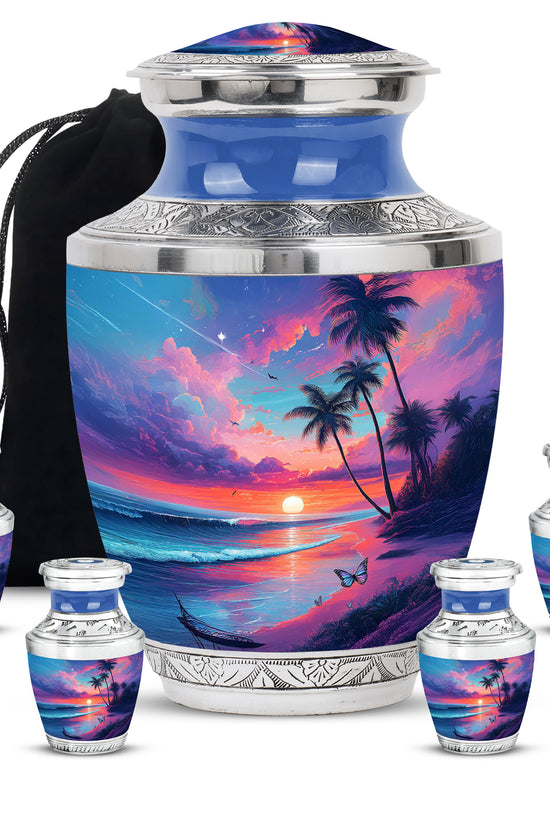 Pastel Blue Beach Cremation Urn lifestyle display on memorial shelf - modern art-inspired beach motif on sleek aluminum - memorial set with one large and four small urns