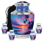 Pastel Blue Beach Cremation Urn lifestyle display on memorial shelf - modern art-inspired beach motif on sleek aluminum - memorial set with one large and four small urns