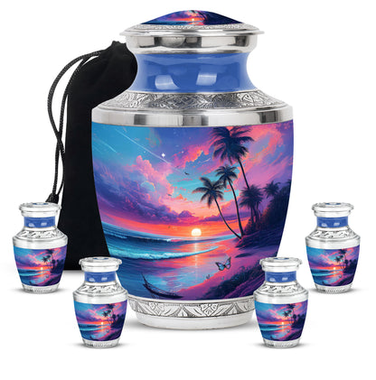 Pastel Blue Beach Cremation Urn lifestyle display on memorial shelf - modern art-inspired beach motif on sleek aluminum - memorial set with one large and four small urns
