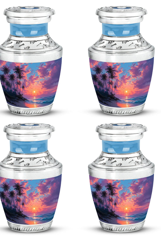 Serene Blue Beach Cremation Urn back view with polished surface - stylized abstract beach pattern with bold lines - 10 inch aluminum urn for cremated remains