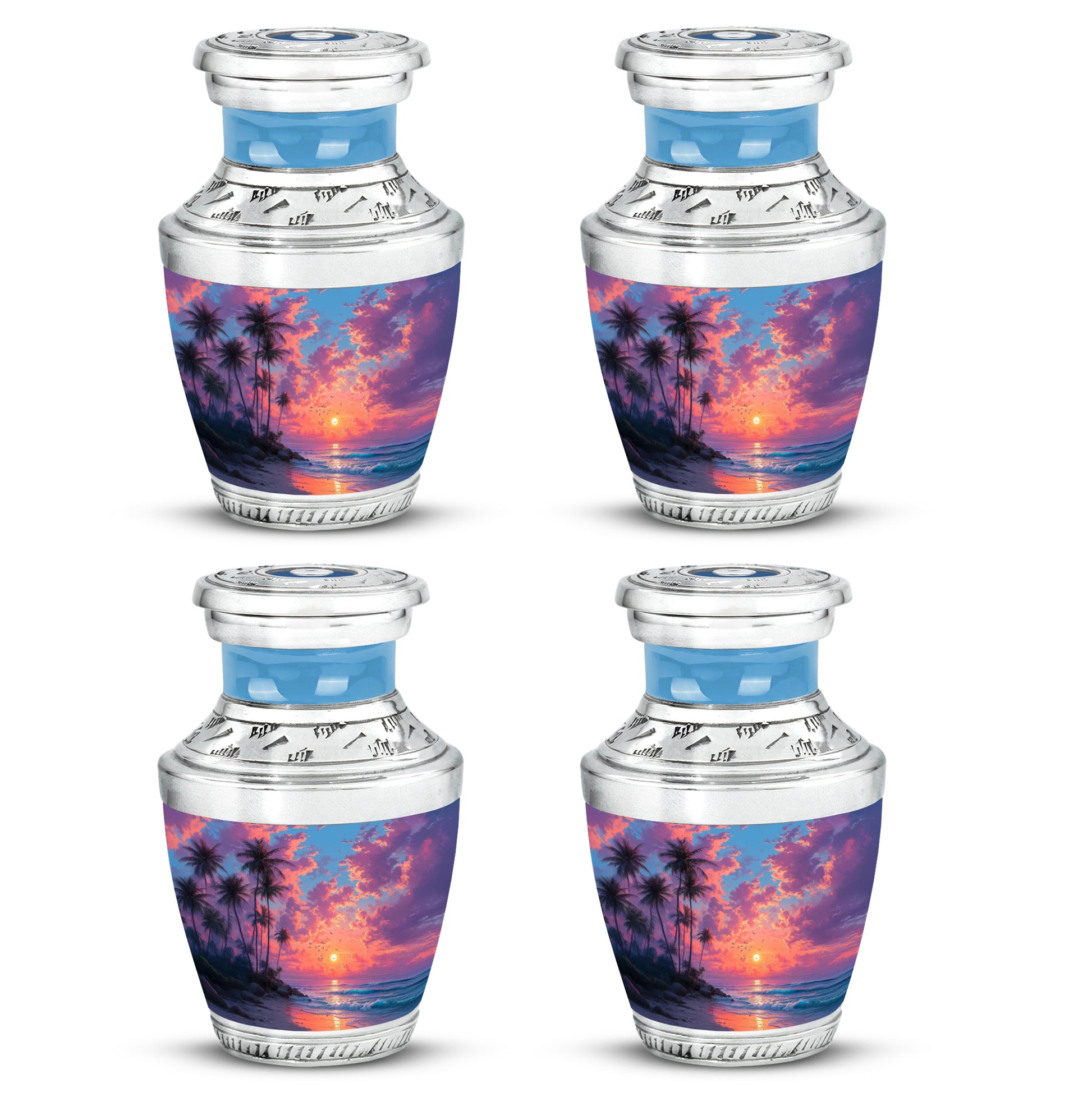 Serene Blue Beach Cremation Urn back view with polished surface - stylized abstract beach pattern with bold lines - 10 inch aluminum urn for cremated remains