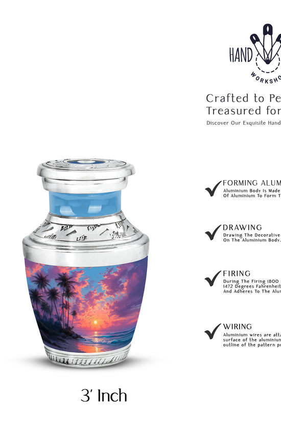 Misty Blue Beach Cremation Urn top-down view of secure threaded lid - modern art-inspired beach motif on sleek aluminum - mini keepsake memorial for portion of cremation ashes