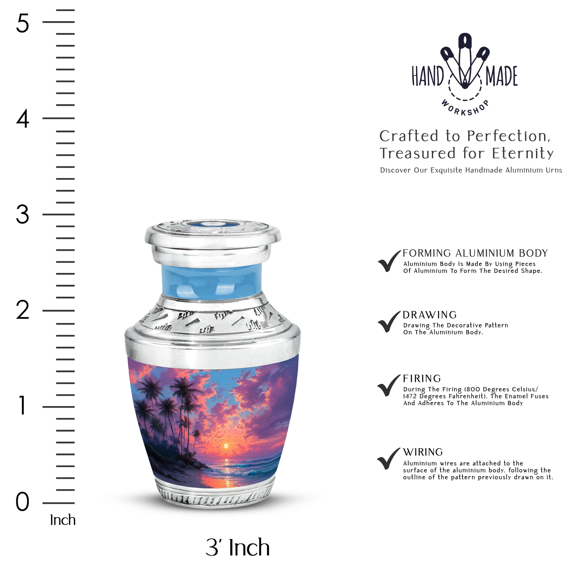 Misty Blue Beach Cremation Urn top-down view of secure threaded lid - modern art-inspired beach motif on sleek aluminum - mini keepsake memorial for portion of cremation ashes