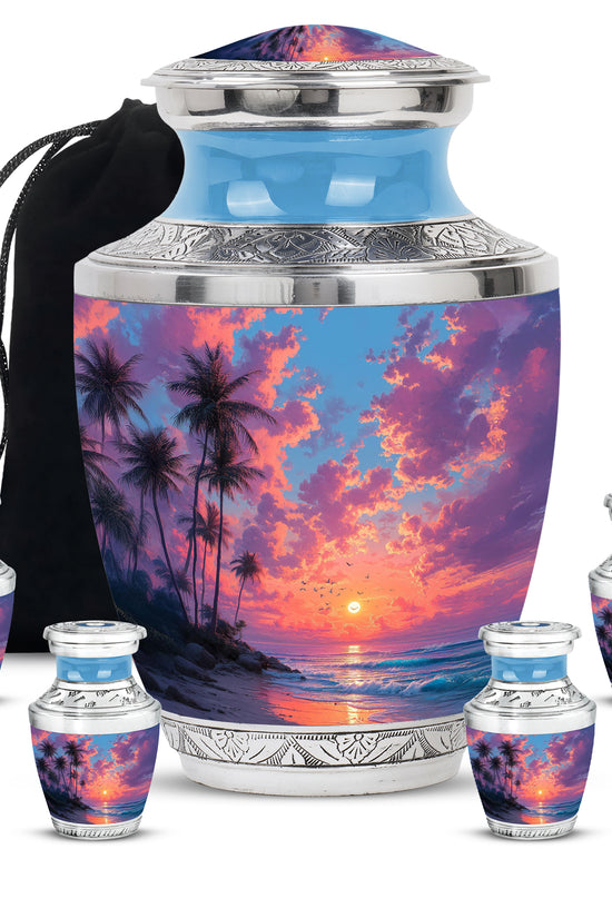 Bright Blue Beach Cremation Urn lifestyle display on memorial shelf - stylized abstract beach pattern with bold lines - memorial set with one large and four small urns