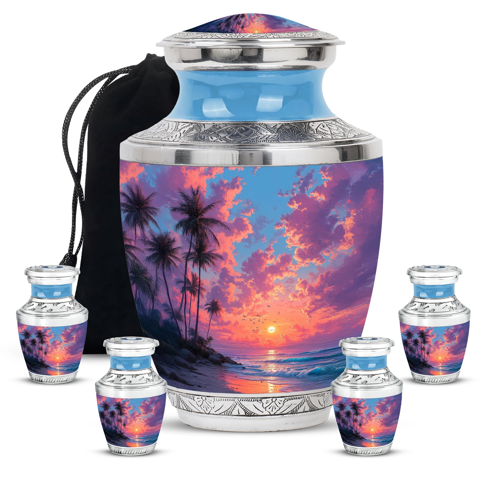 Bright Blue Beach Cremation Urn lifestyle display on memorial shelf - stylized abstract beach pattern with bold lines - memorial set with one large and four small urns