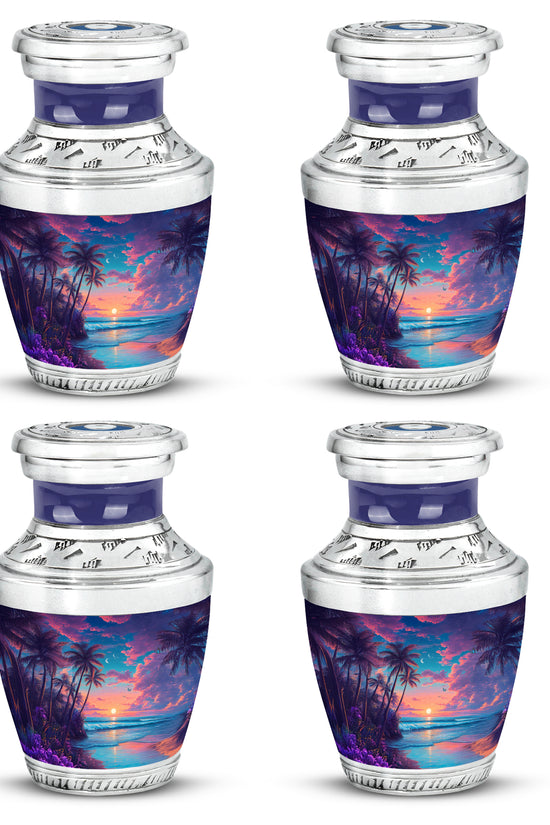 Indigo Beach Cremation Urn back view with polished surface - modern art-inspired beach motif on sleek aluminum - 10 inch aluminum urn for cremated remains