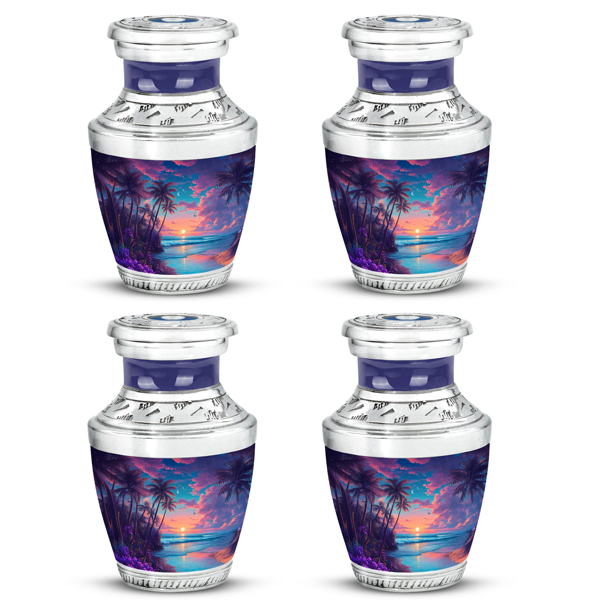Indigo Beach Cremation Urn back view with polished surface - modern art-inspired beach motif on sleek aluminum - 10 inch aluminum urn for cremated remains