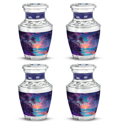 Indigo Beach Cremation Urn back view with polished surface - modern art-inspired beach motif on sleek aluminum - 10 inch aluminum urn for cremated remains